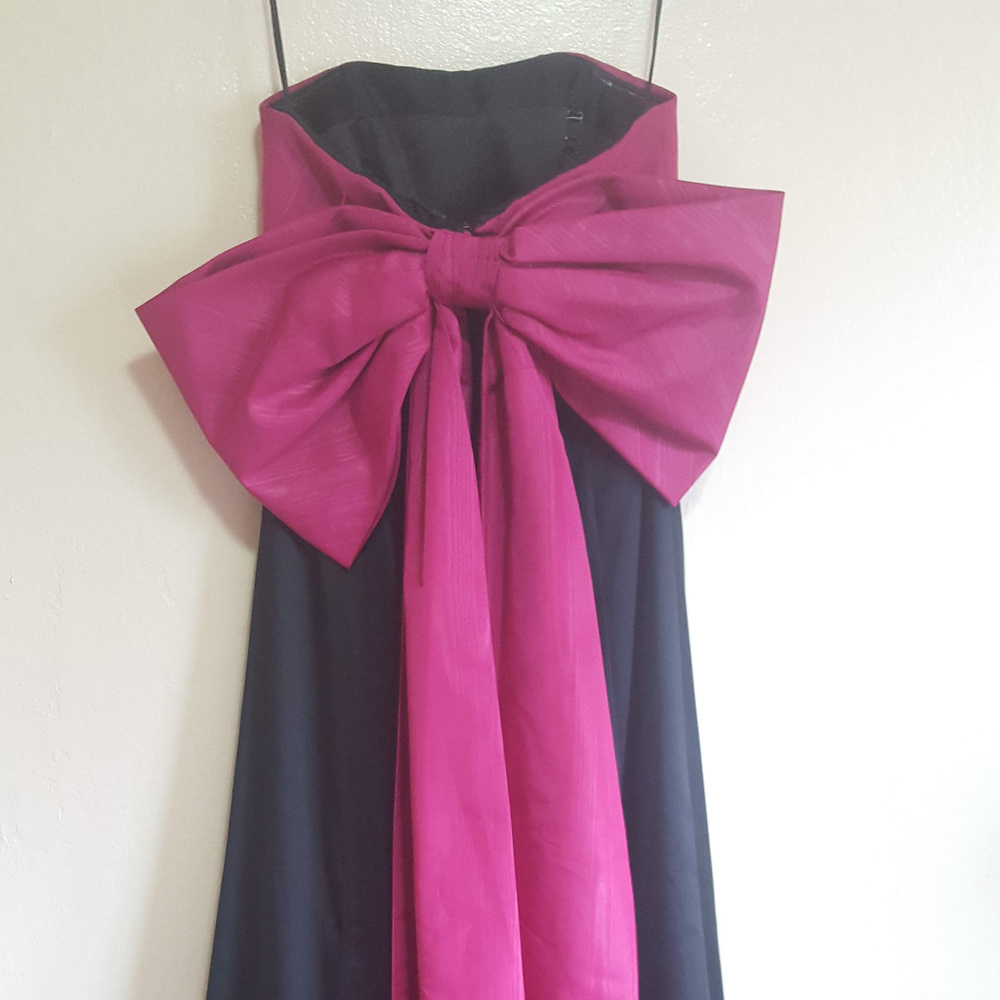 Black Satin Gown with Oversized Pink Bow